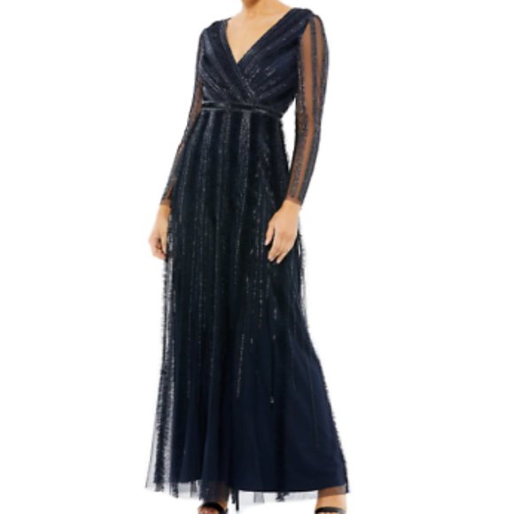 MAC DUGGAL ILLUSIONS A-LINE LONG SLEEVE MIDNIGHT NAVY GOWN sz 12 - Picture 1 of 7